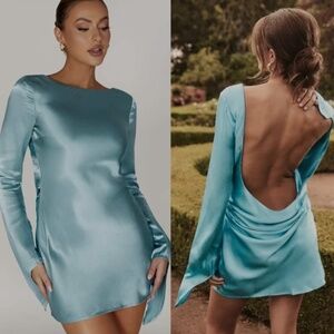 Meshki Aqua Satin Open-Back Dress